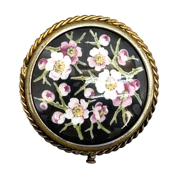 Limoges Old Brooch Pin Hand Painted Flowers Black Enamel Golden Rope P.Pastaud - Picture 1 of 7